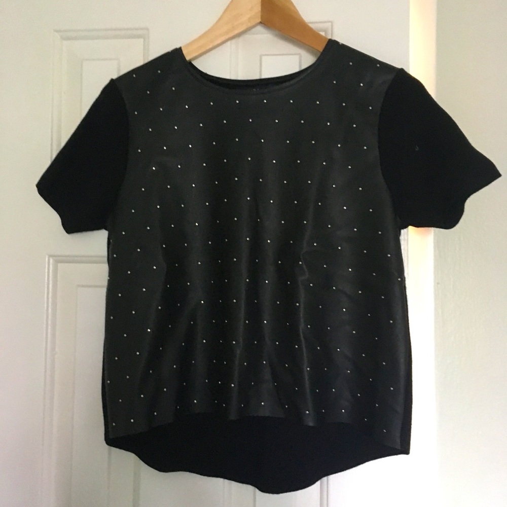 Zara Faux leather silver studded crew neck t shirt crop top